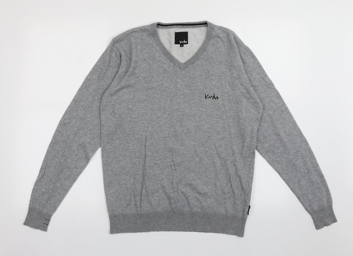kudo Mens Grey V-Neck  Acrylic Pullover Jumper Size M
