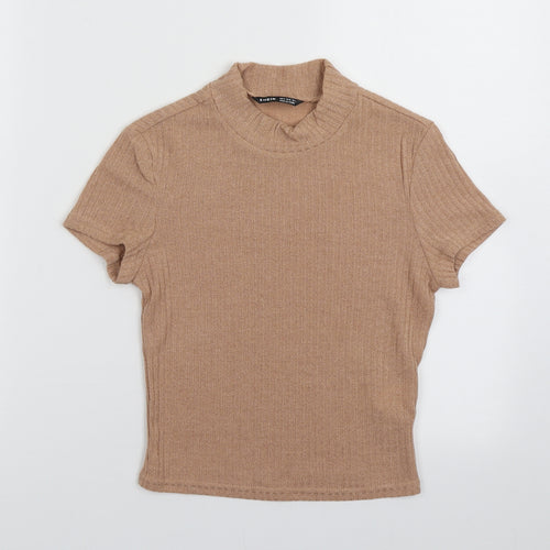 hsien Womens Brown  Polyester Cropped T-Shirt Size S Crew Neck