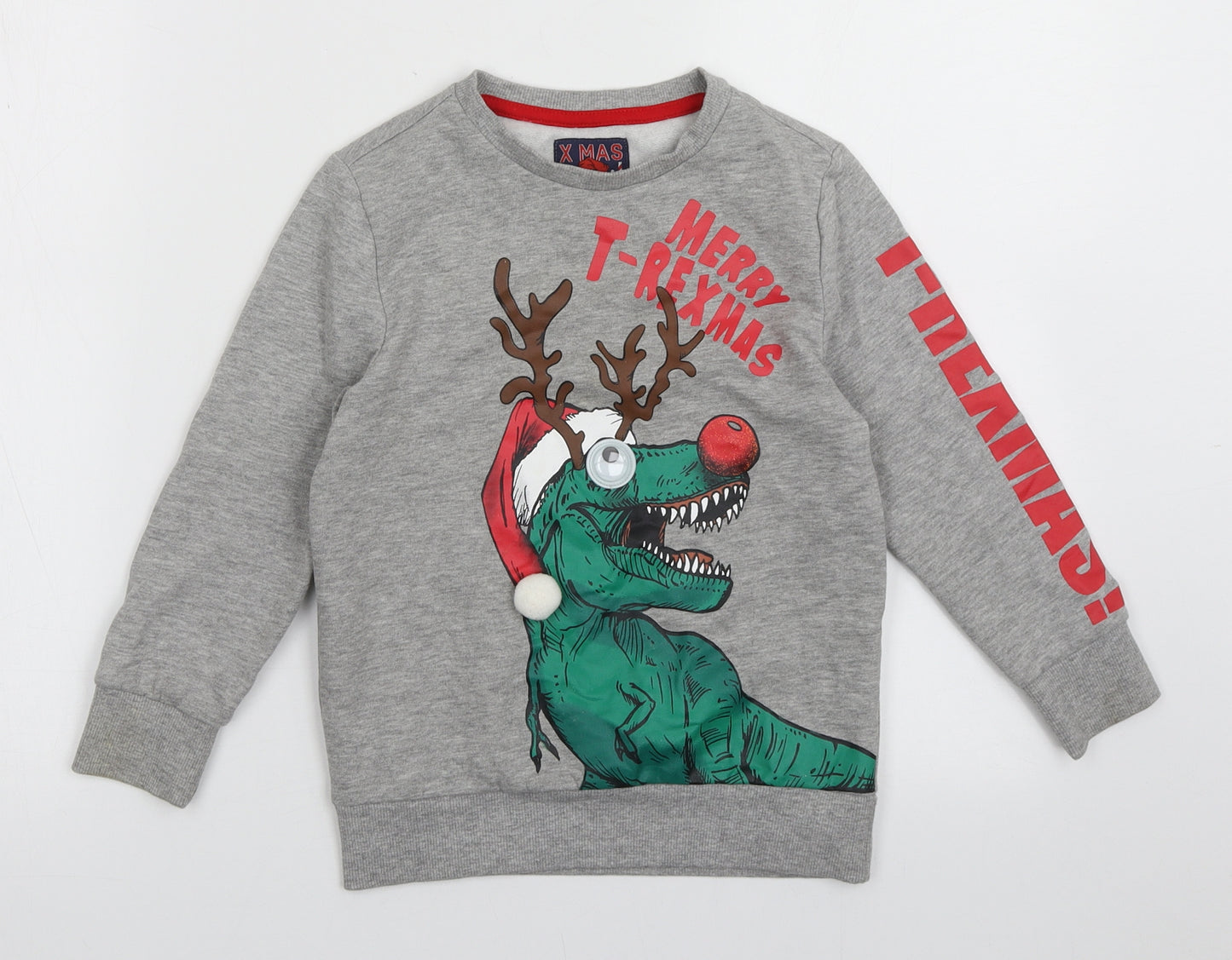 F&F Boys Grey Crew Neck  Cotton Pullover Jumper Size 5-6 Years  Pullover - merry t rexmas