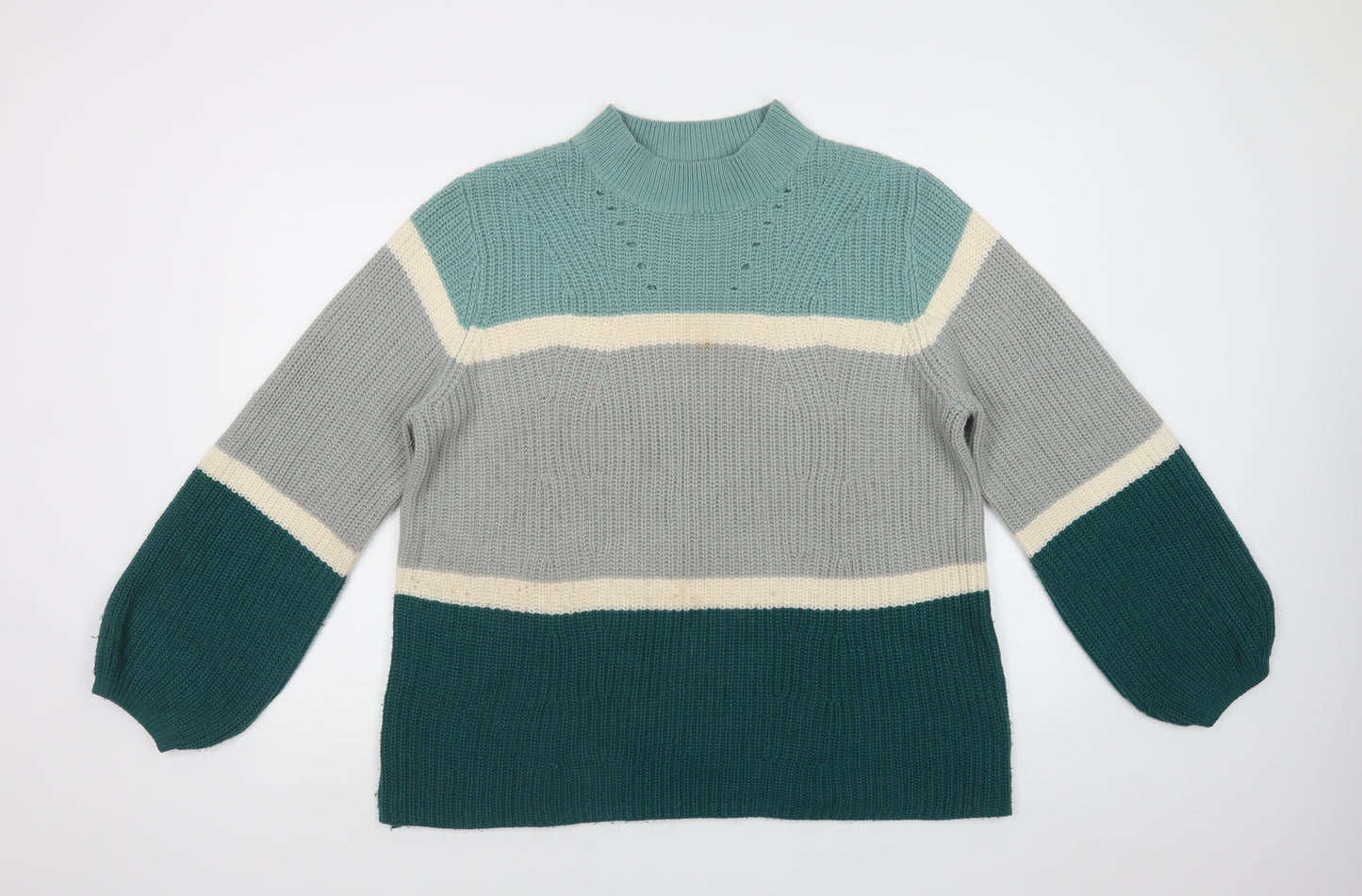 Pep & Co Womens Green Crew Neck Striped Acrylic Pullover Jumper Size XL
