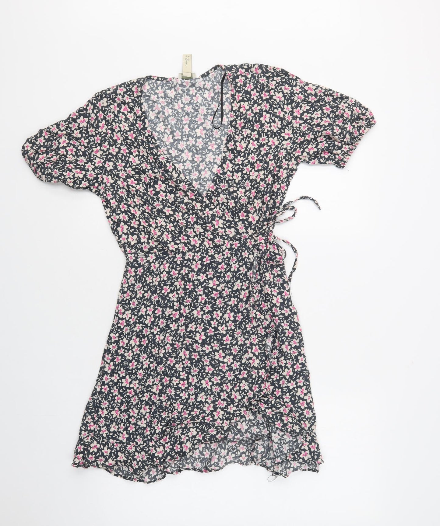 Pull & Bear Womens Blue Floral Viscose Fit & Flare  Size S  V-Neck Tie