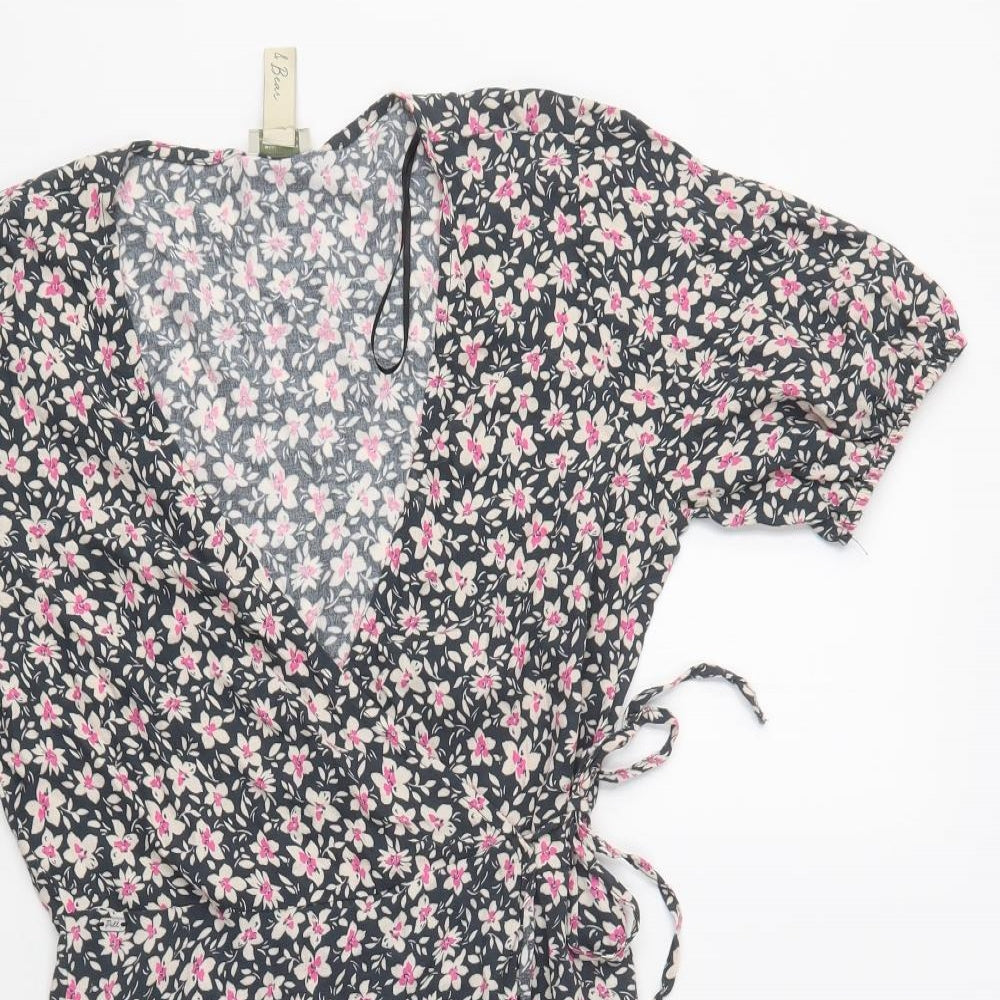 Pull & Bear Womens Blue Floral Viscose Fit & Flare  Size S  V-Neck Tie