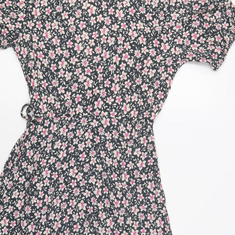 Pull & Bear Womens Blue Floral Viscose Fit & Flare  Size S  V-Neck Tie
