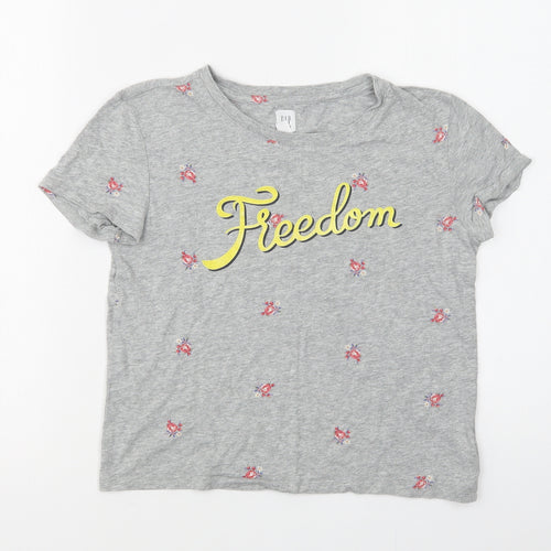 Gap Girls Grey Floral Cotton Basic T-Shirt Size 10-11 Years Crew Neck