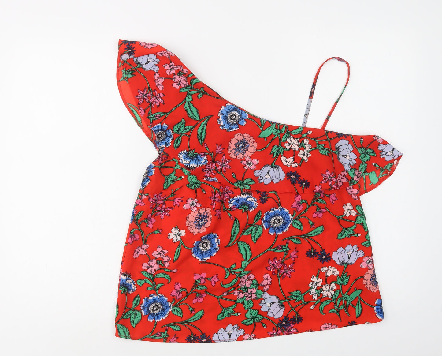 New Look Womens Red Floral Polyester Basic Blouse Size 14 One Shoulder