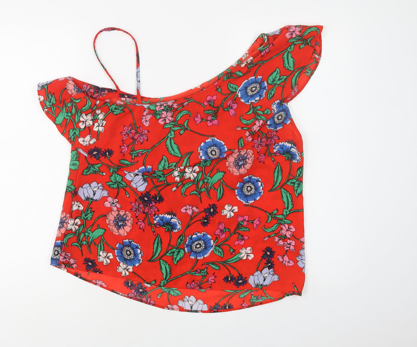 New Look Womens Red Floral Polyester Basic Blouse Size 14 One Shoulder