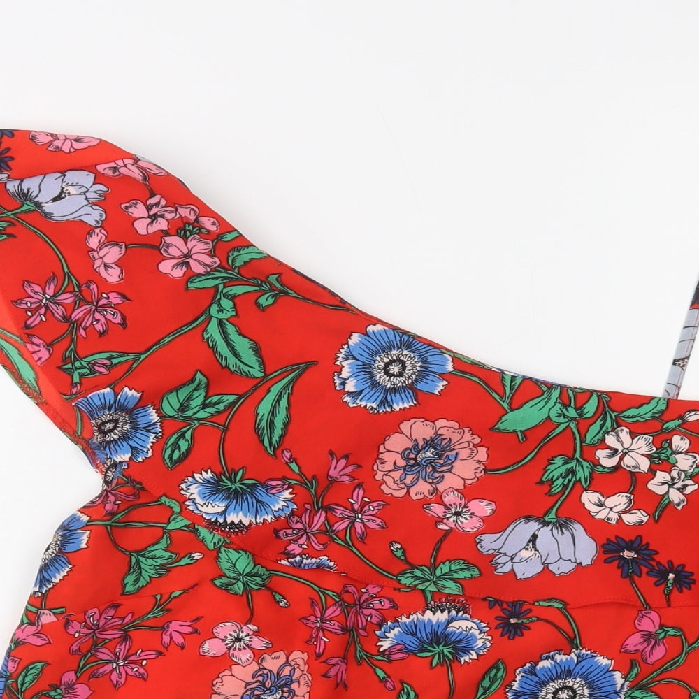 New Look Womens Red Floral Polyester Basic Blouse Size 14 One Shoulder