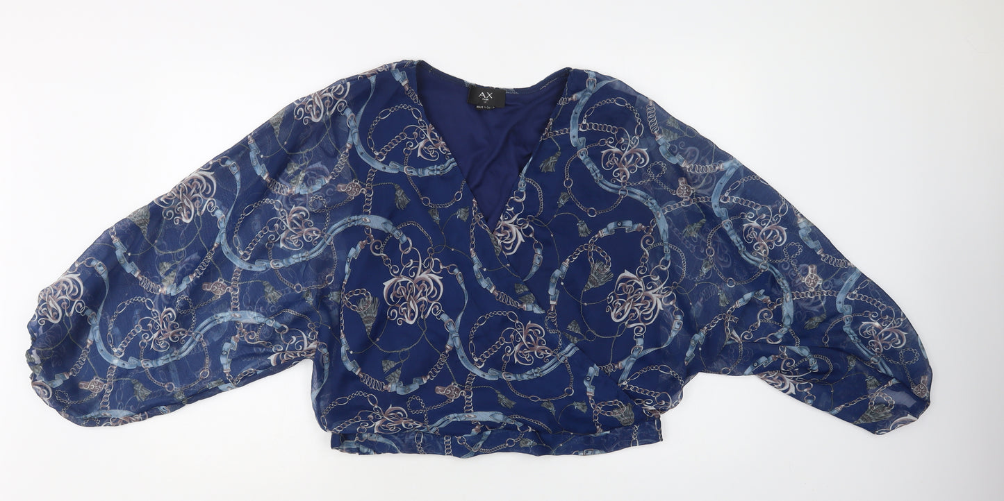 AX Paris Womens Blue Geometric Polyester Basic Blouse Size 14 V-Neck