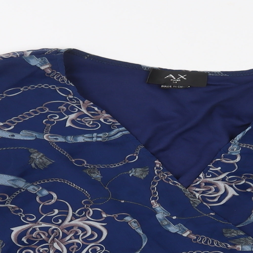 AX Paris Womens Blue Geometric Polyester Basic Blouse Size 14 V-Neck