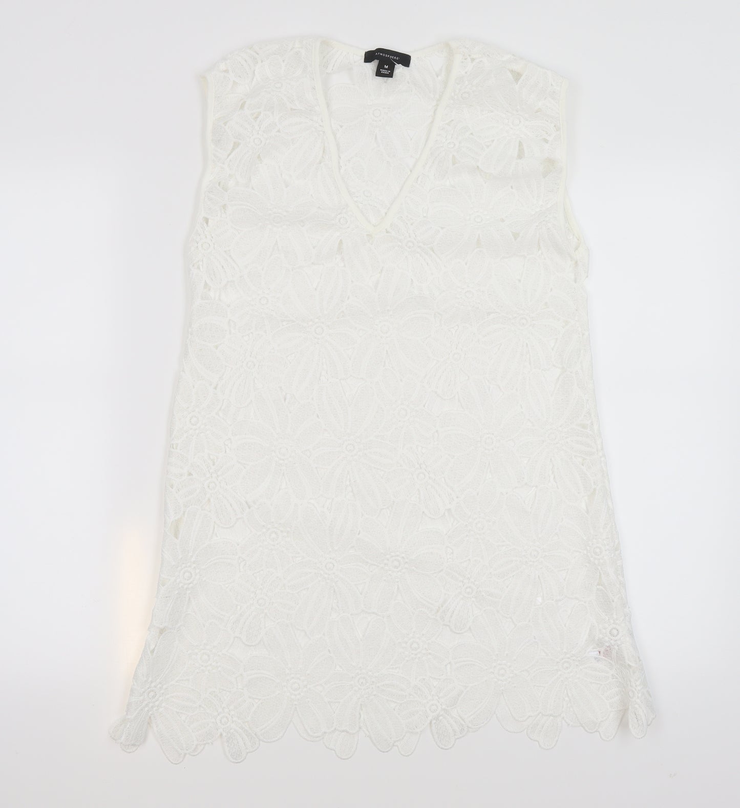Atmosphere Womens White Floral Polyester Mini  Size M  V-Neck Pullover - Beach Cover Up Dress