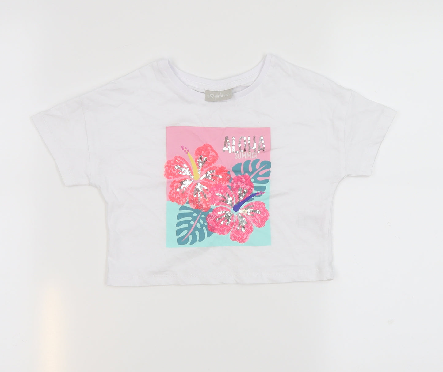 Matalan Girls White  100% Cotton Cropped T-Shirt Size 6 Years Round Neck Pullover - Aloha summer