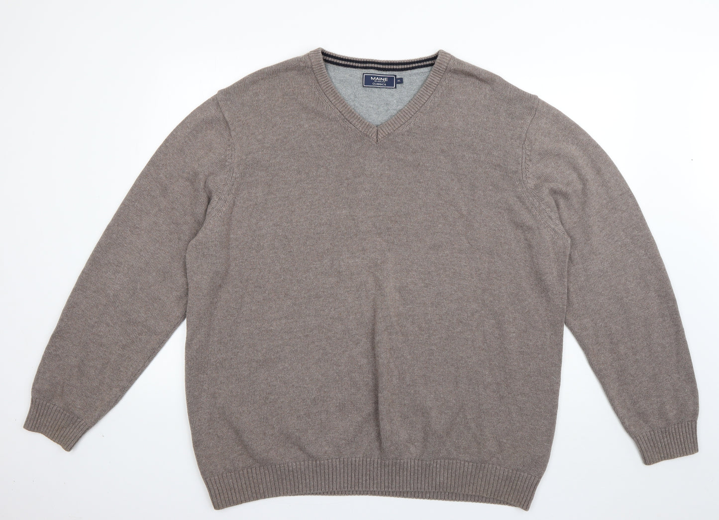 Maine New England Mens Beige V-Neck  Cotton Pullover Jumper Size XL