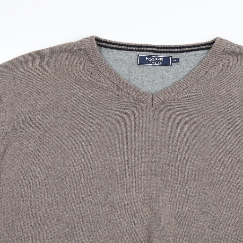 Maine New England Mens Beige V-Neck  Cotton Pullover Jumper Size XL