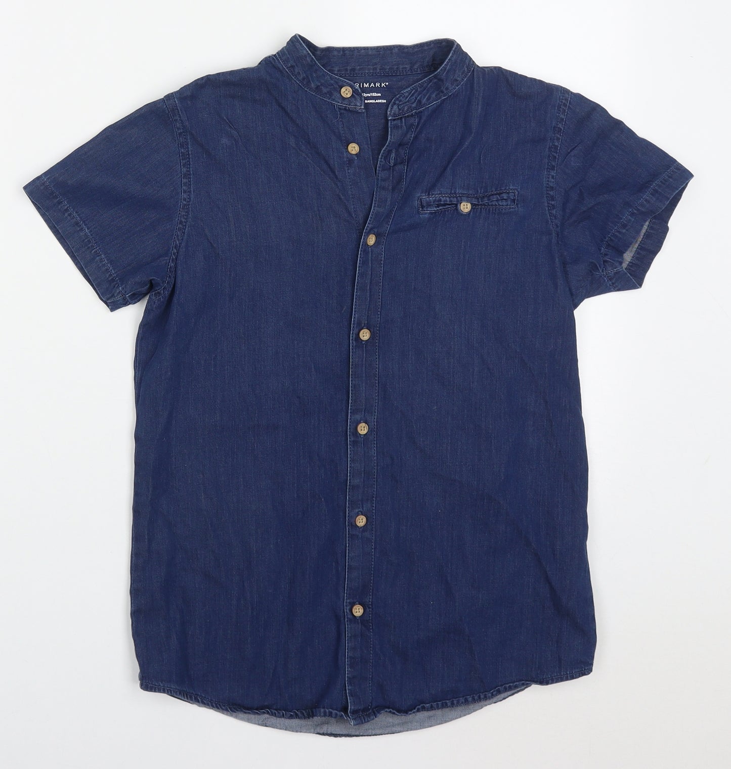 Primark Boys Blue  Cotton Basic Button-Up Size 11-12 Years Round Neck Button