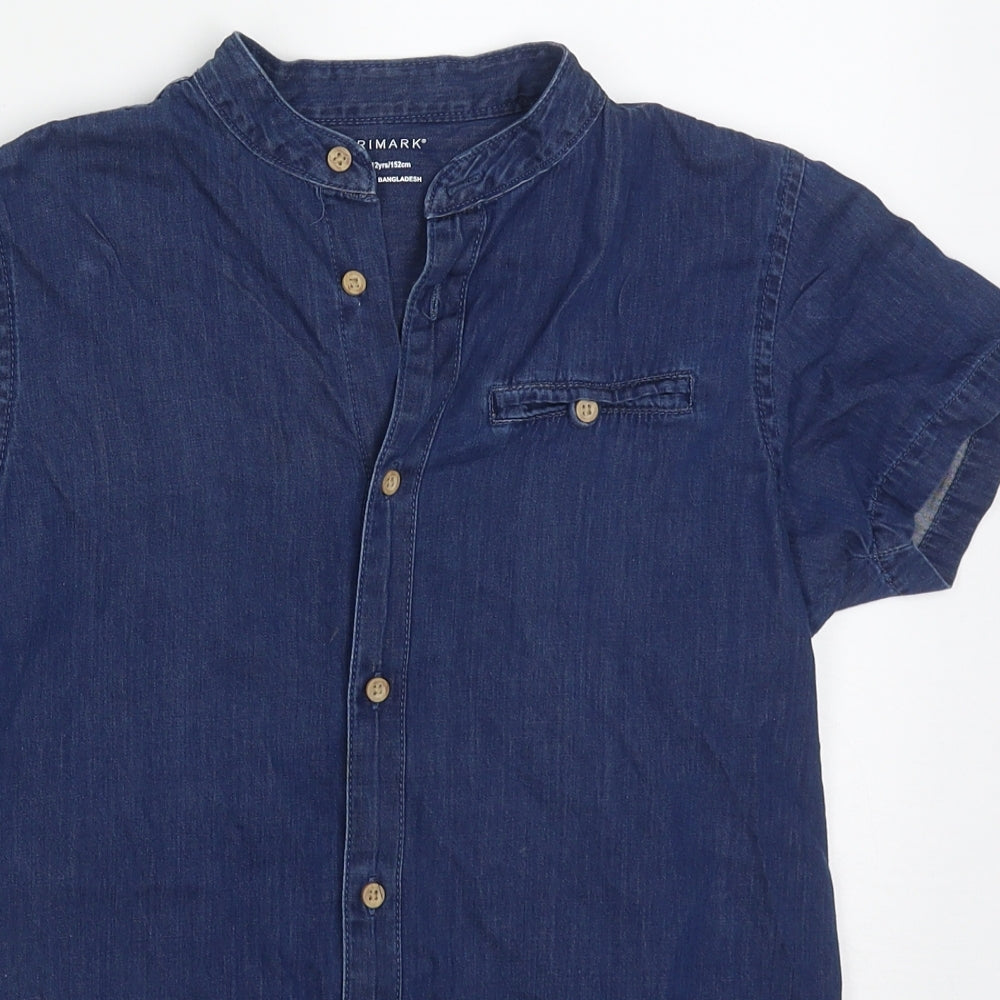Primark Boys Blue  Cotton Basic Button-Up Size 11-12 Years Round Neck Button
