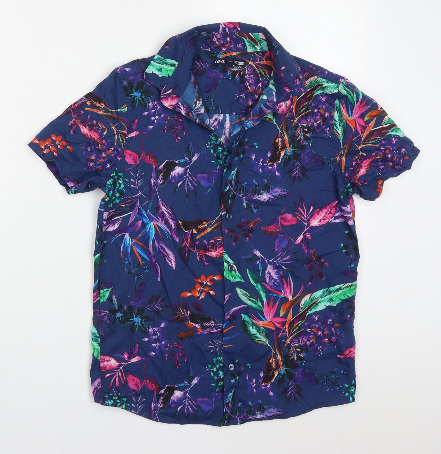 NEXT Boys Multicoloured Floral Cotton Basic Button-Up Size 12 Years Collared Button - Birds