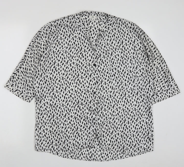 River Island Womens White Geometric Polyester Basic Button-Up Size 10 V-Neck - Black and White