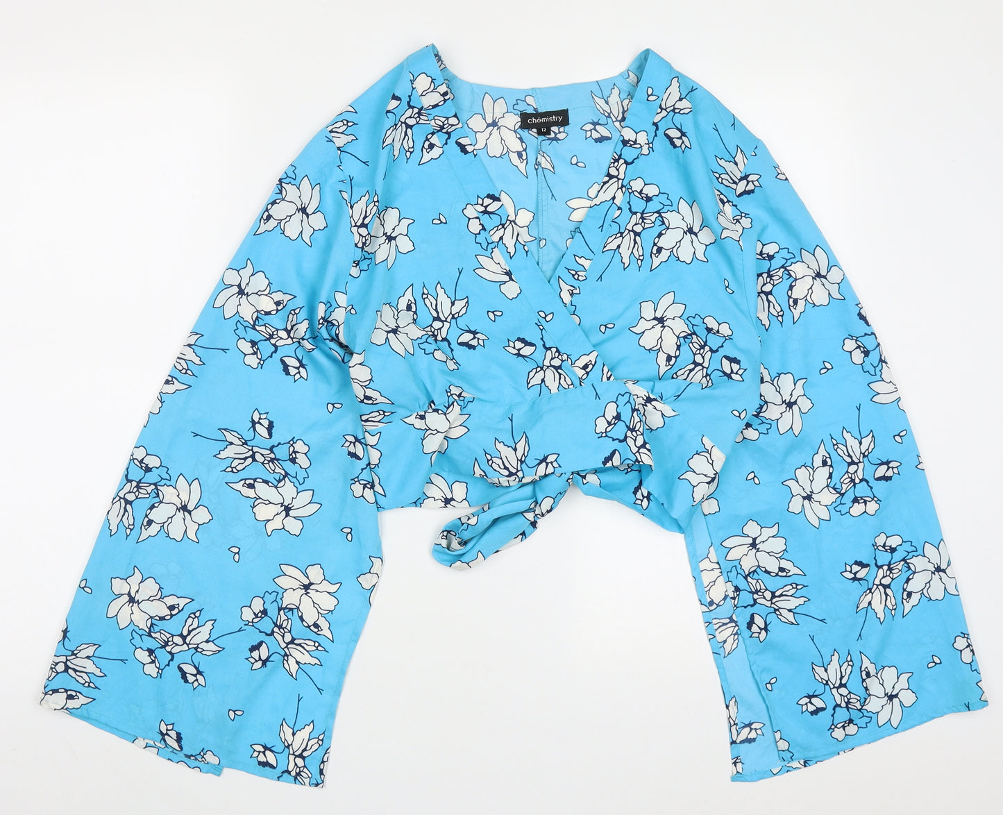 Chemsitry Womens Blue Floral Polyester Basic Blouse Size 12 V-Neck