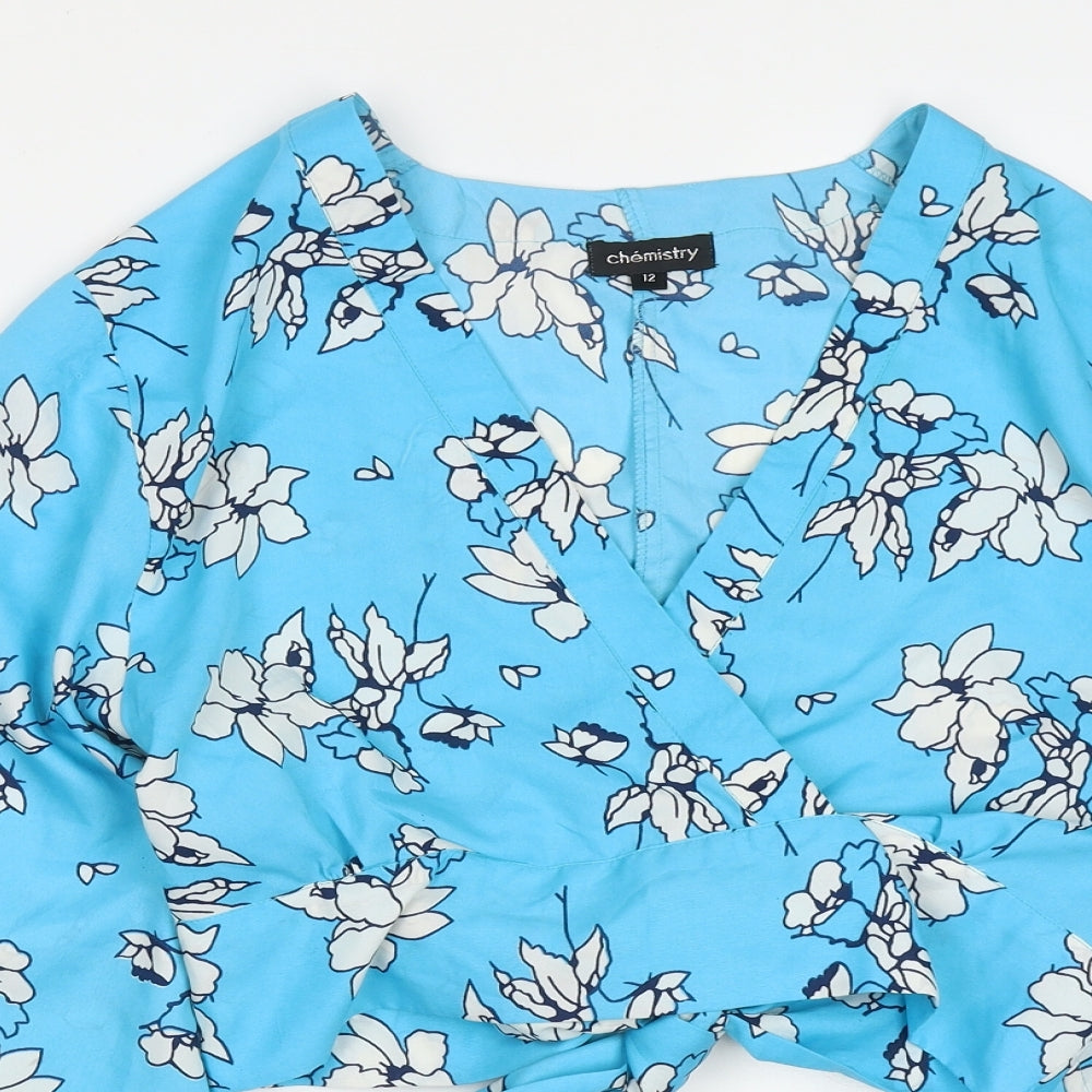 Chemsitry Womens Blue Floral Polyester Basic Blouse Size 12 V-Neck