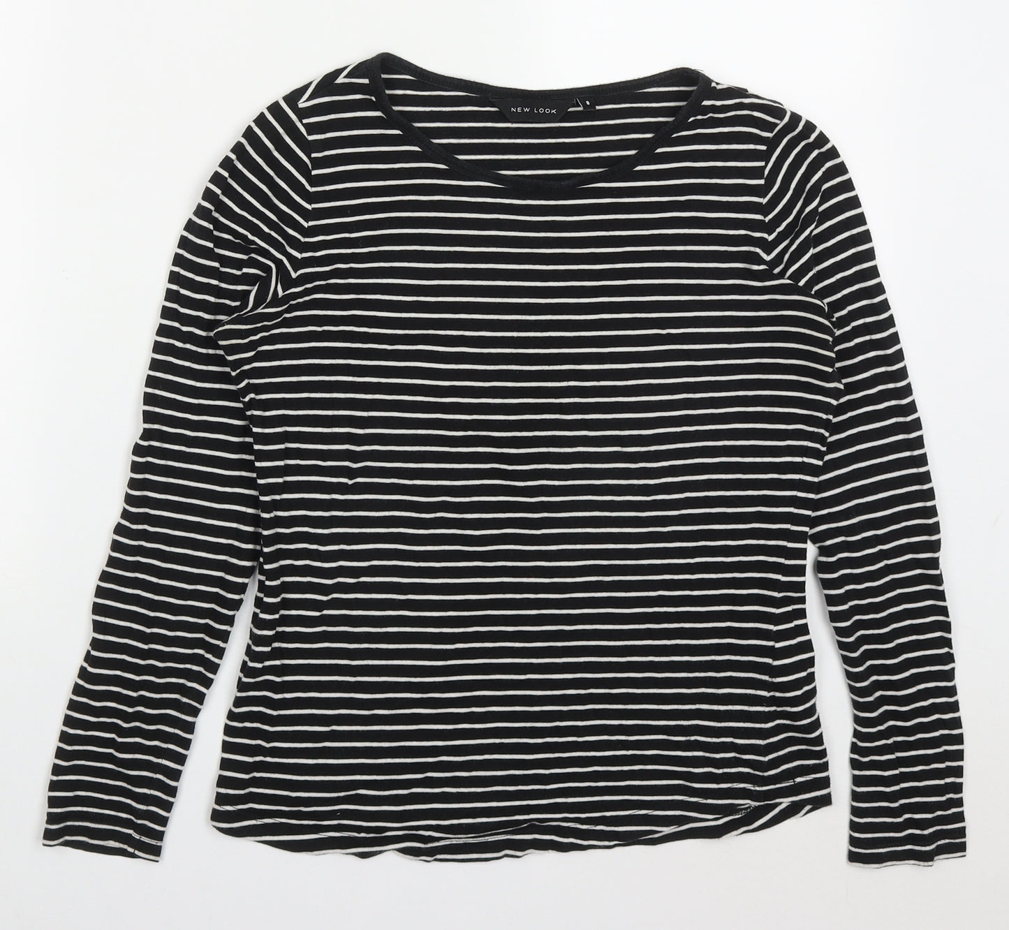 New Look Womens Black Striped Cotton Basic T-Shirt Size 8 Round Neck