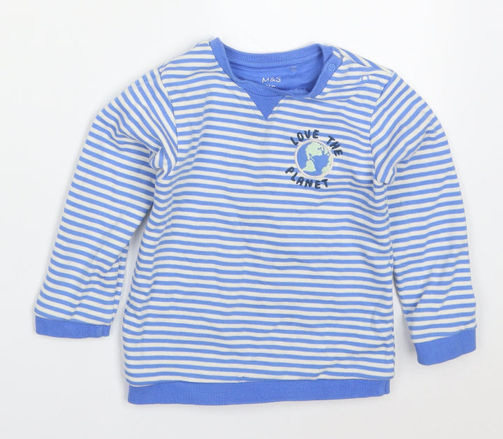 Marks and Spencer Boys Blue Striped Cotton Pullover Sweatshirt Size 2-3 Years  Pullover - Save the Planet