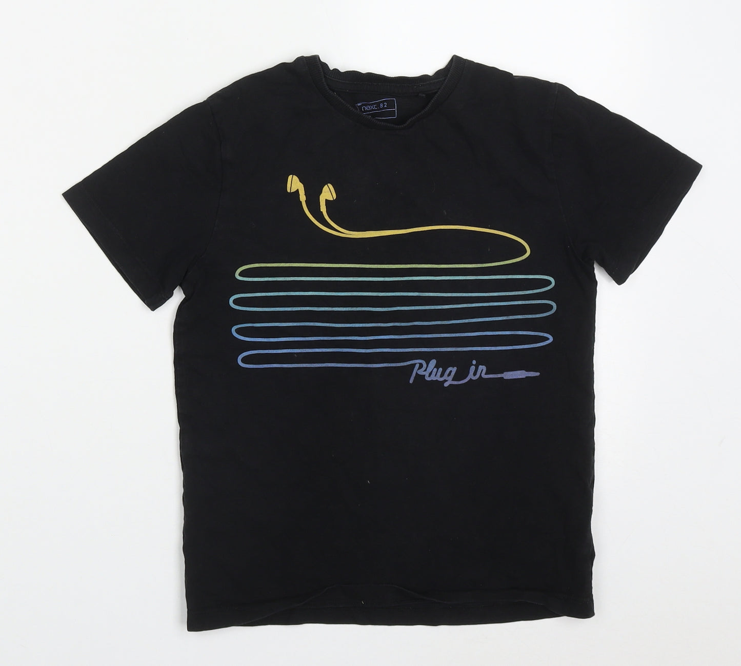 NEXT Boys Black  Cotton Basic T-Shirt Size 8 Years Crew Neck Pullover - Plug In