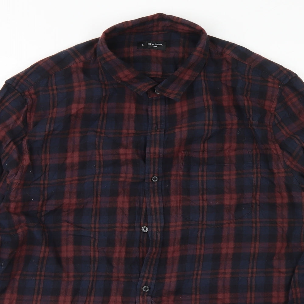 New Look Mens Blue Plaid Cotton  Button-Up Size L Collared Button
