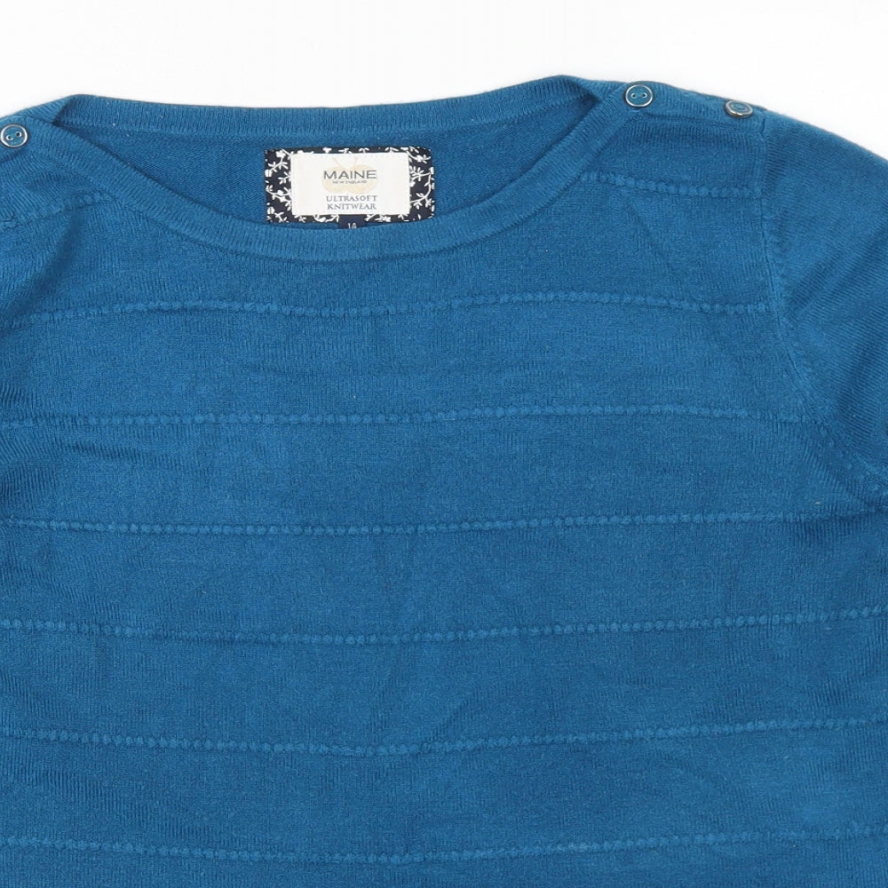 Maine Womens Blue Crew Neck  Acrylic Pullover Jumper Size 14