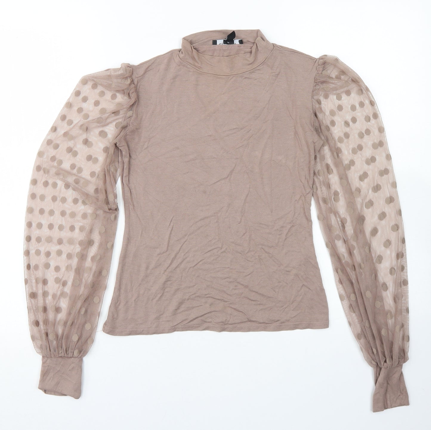 New Look Womens Brown  Viscose Basic T-Shirt Size 8 Mock Neck - Mesh Sleeve