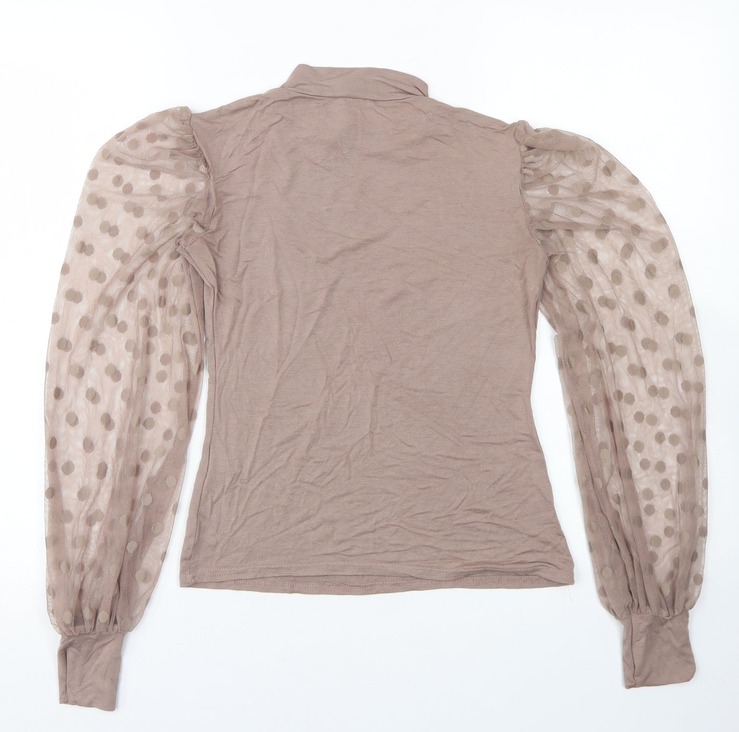 New Look Womens Brown  Viscose Basic T-Shirt Size 8 Mock Neck - Mesh Sleeve