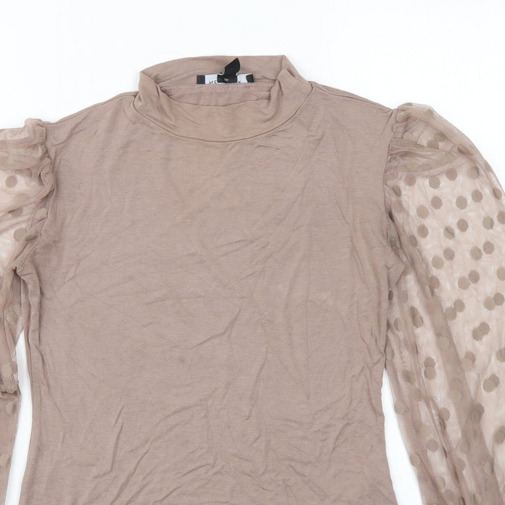 New Look Womens Brown  Viscose Basic T-Shirt Size 8 Mock Neck - Mesh Sleeve