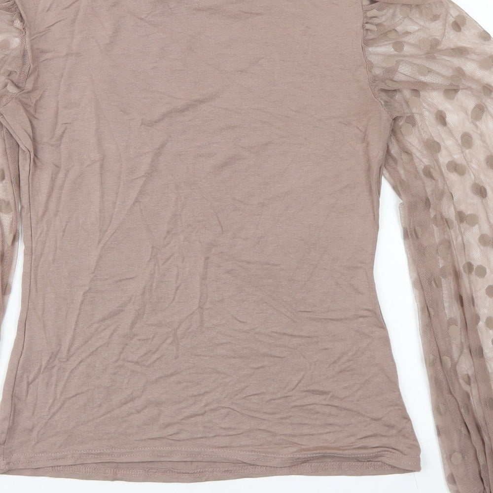 New Look Womens Brown  Viscose Basic T-Shirt Size 8 Mock Neck - Mesh Sleeve