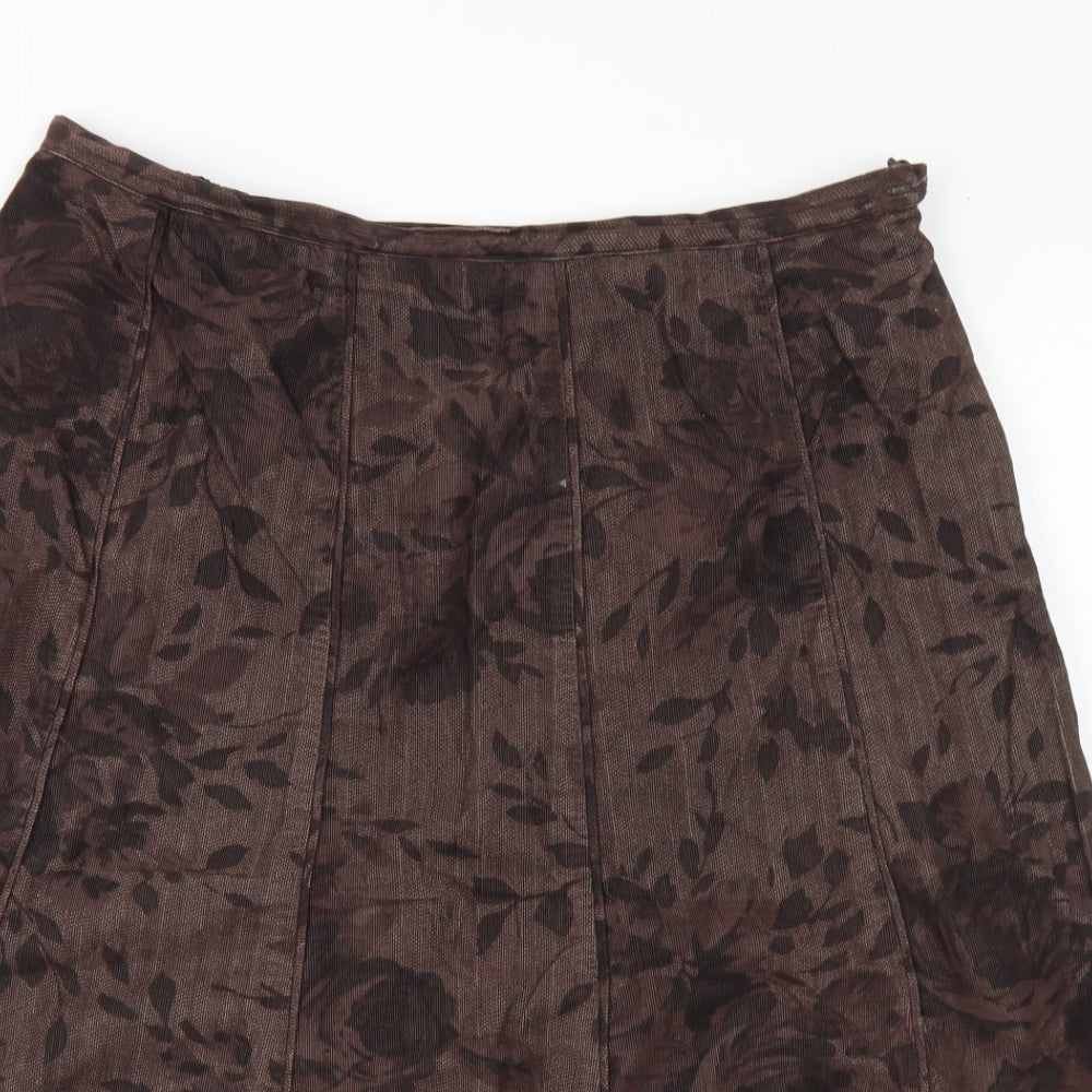 Classic Womens Brown Floral Cotton Flare Skirt Size 16   Zip