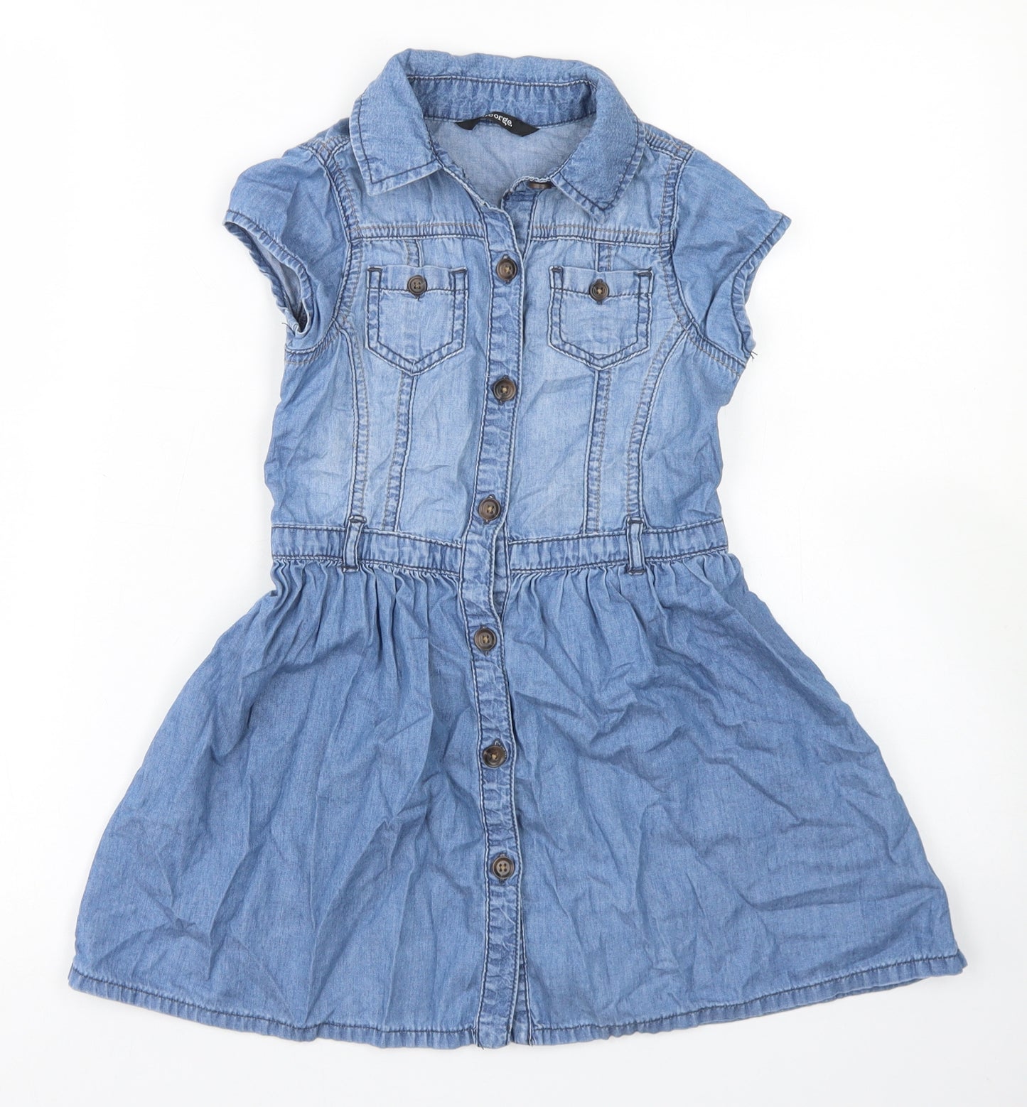 George Girls Blue  Cotton Skater Dress  Size 5-6 Years  Collared Button
