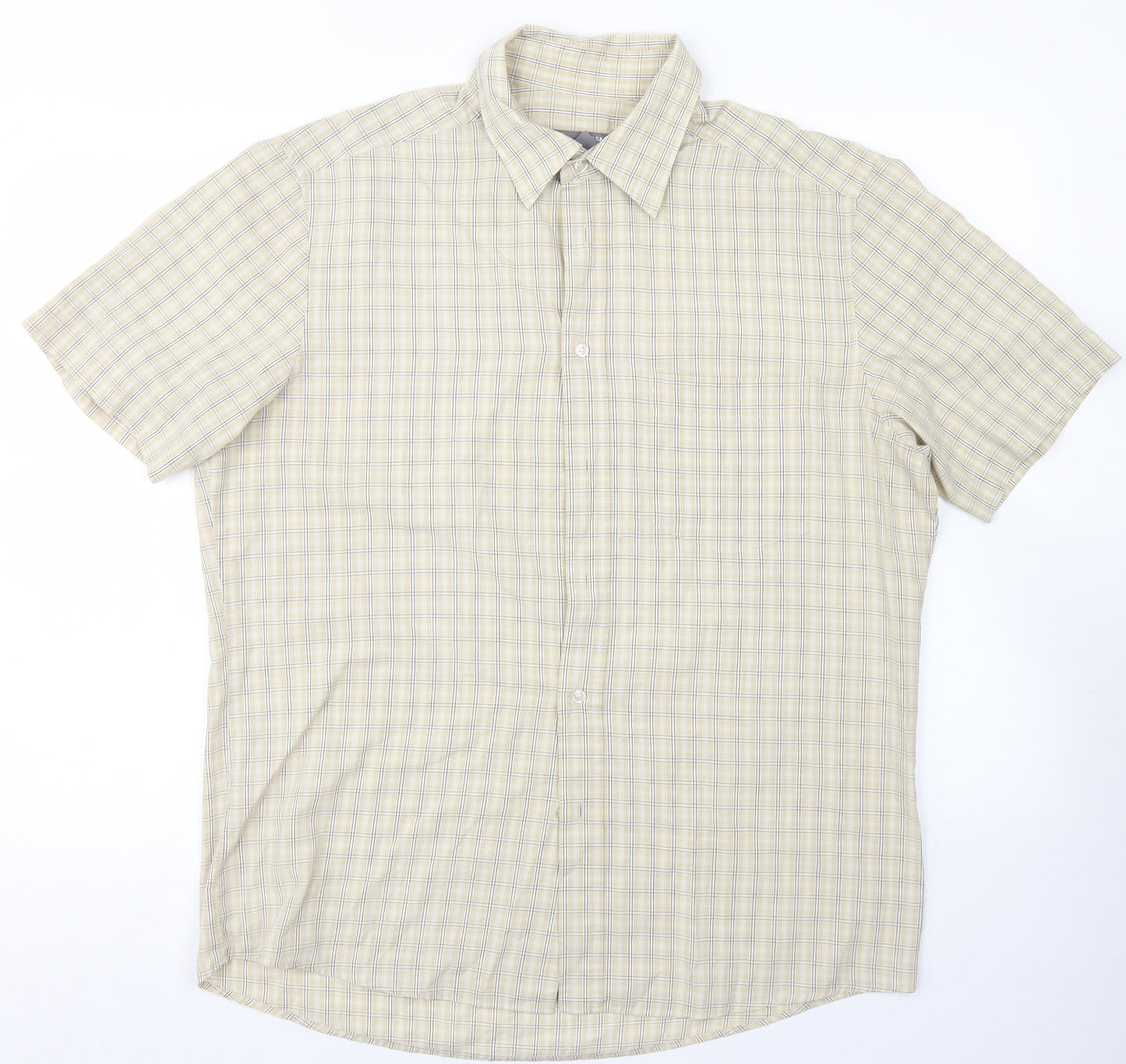 H&M Mens Beige Check Polyester  Button-Up Size L Collared Button