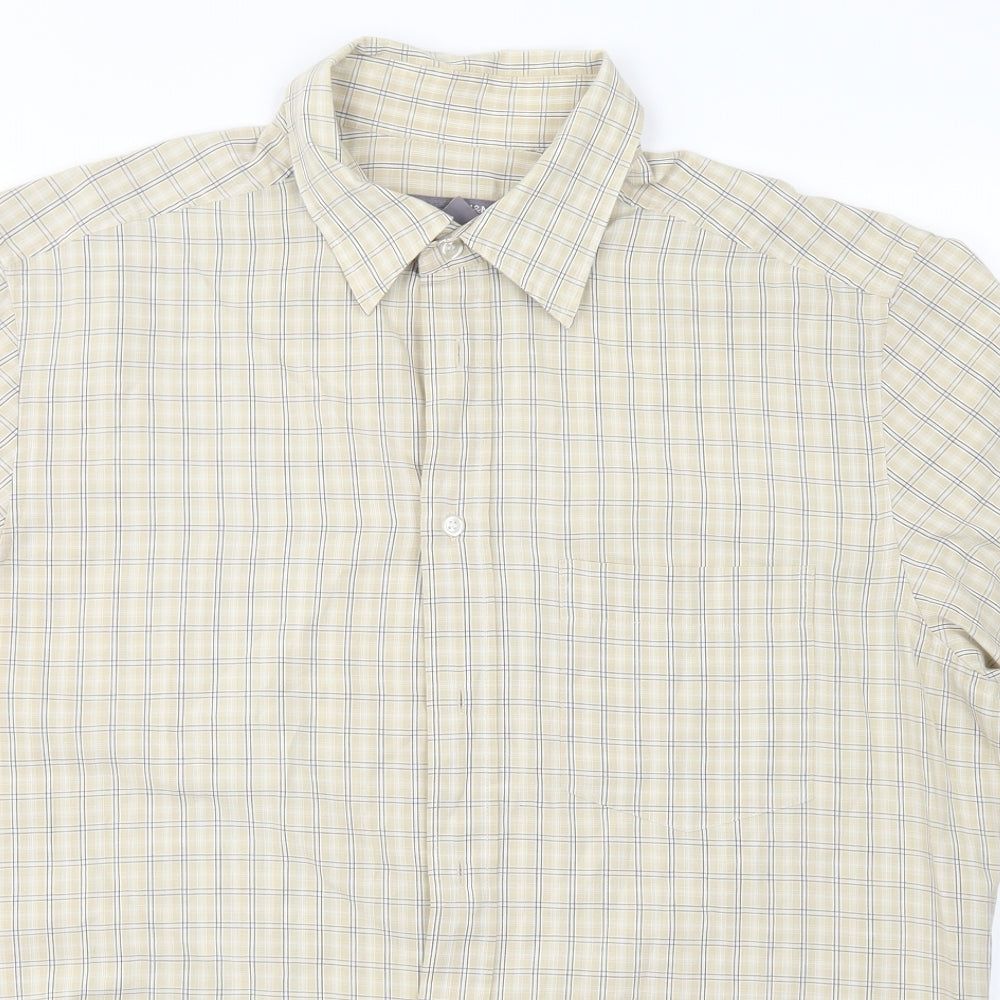 H&M Mens Beige Check Polyester  Button-Up Size L Collared Button