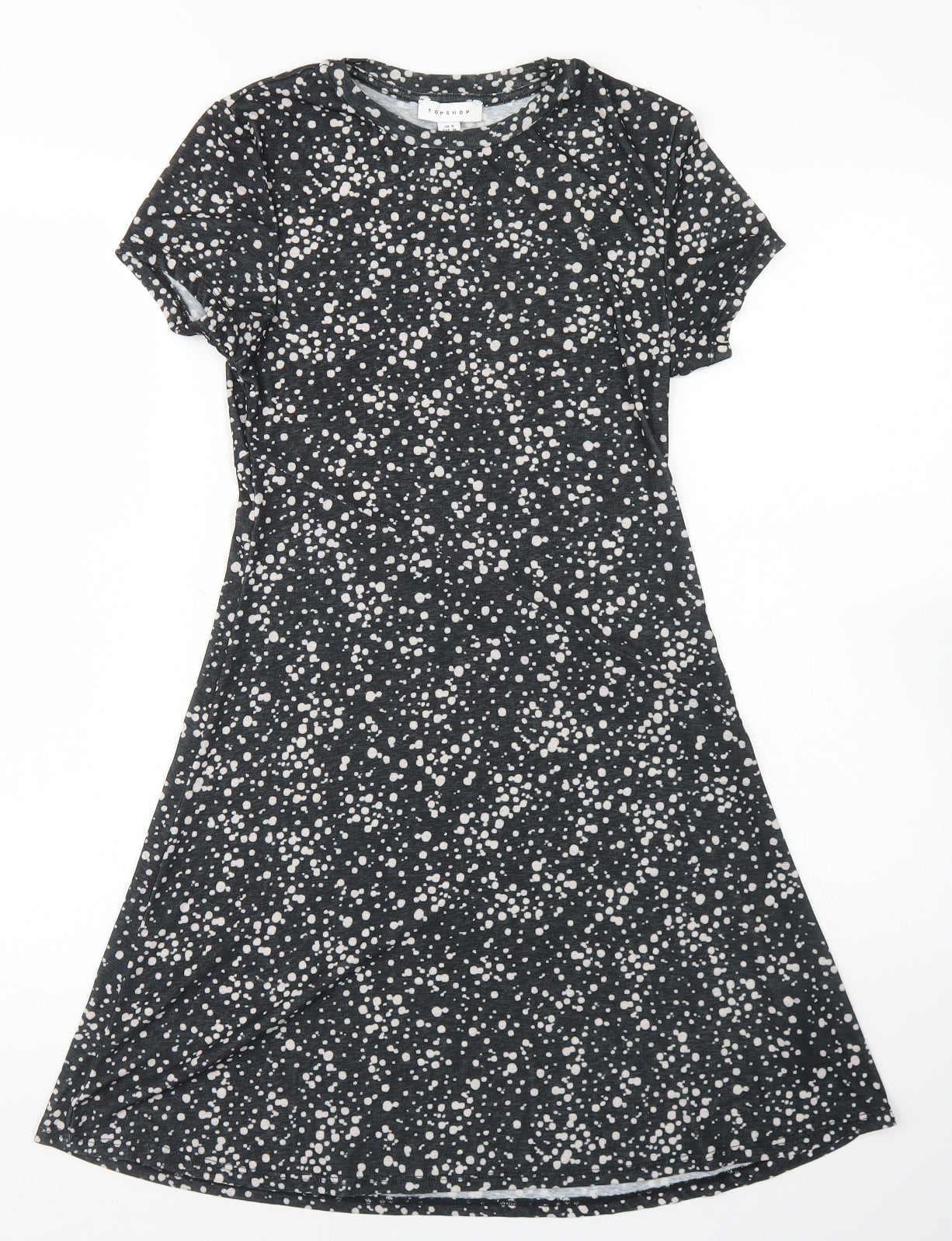 Topshop Womens Black Polka Dot Polyester Fit & Flare  Size 8  Crew Neck