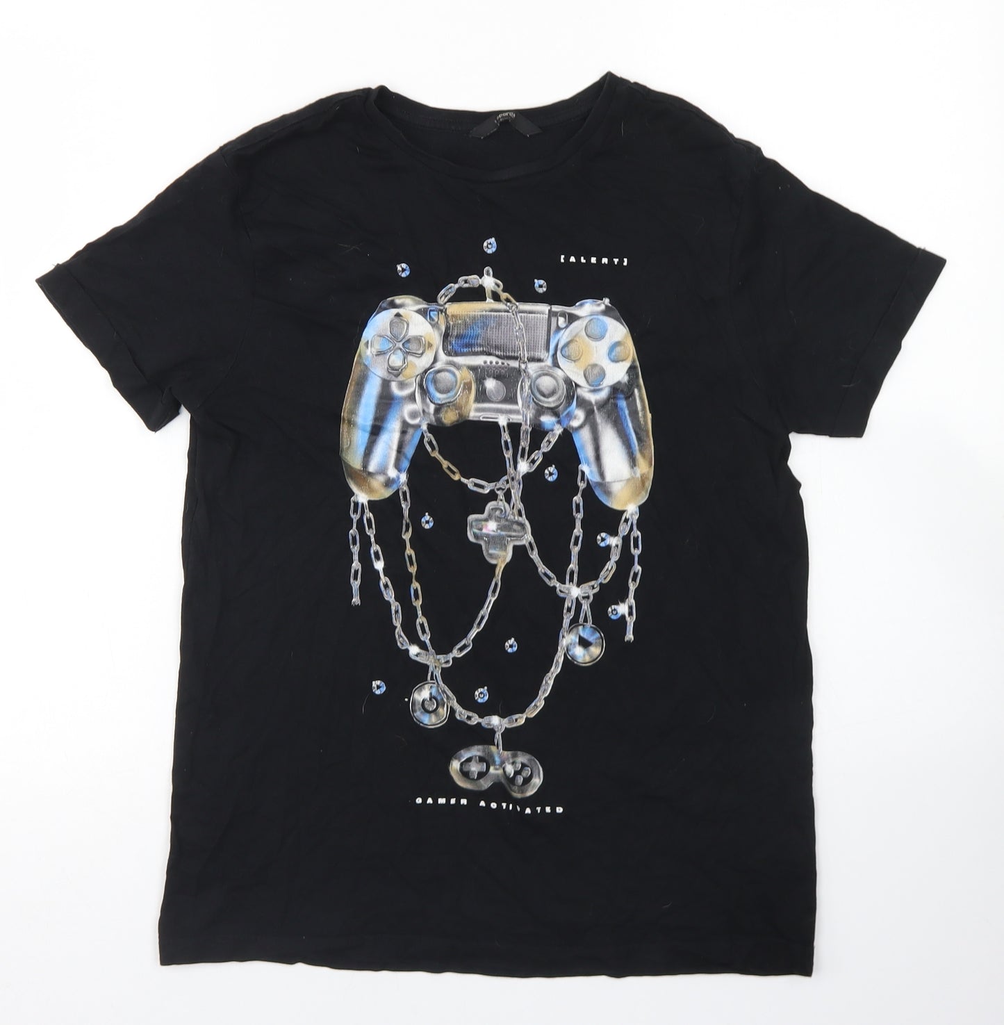 George Boys Black  Cotton Basic T-Shirt Size 13-14 Years Crew Neck  - Gamer