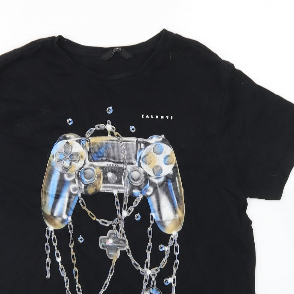 George Boys Black  Cotton Basic T-Shirt Size 13-14 Years Crew Neck  - Gamer