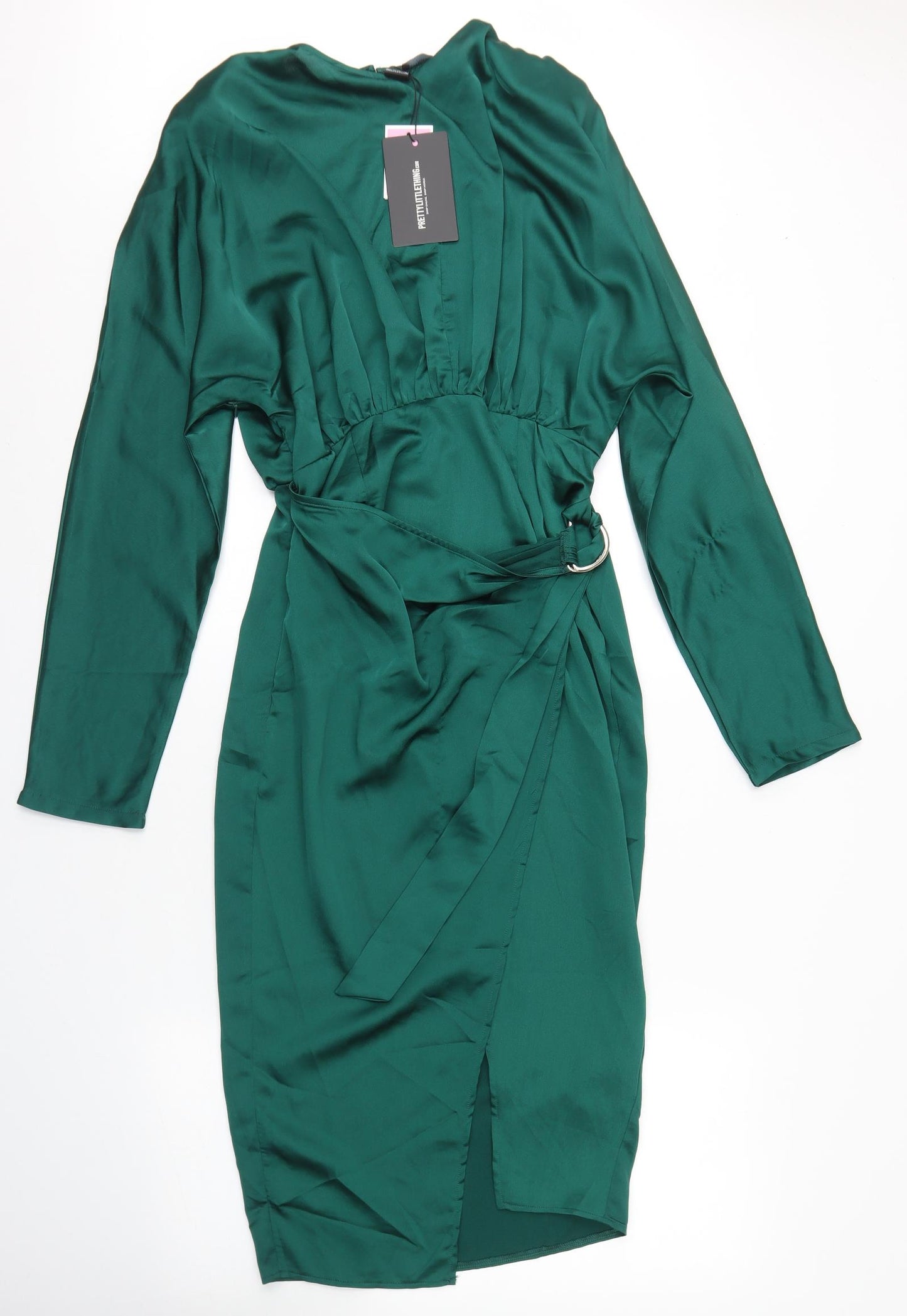 PRETTYLITTLETHING Womens Green  Polyester Wrap Dress  Size 12  Crew Neck Button - Open Back