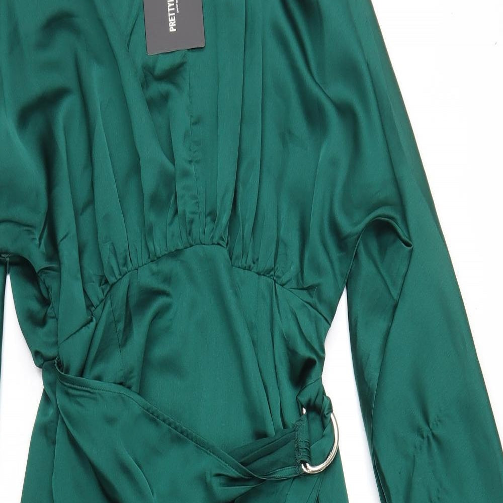 PRETTYLITTLETHING Womens Green  Polyester Wrap Dress  Size 12  Crew Neck Button - Open Back