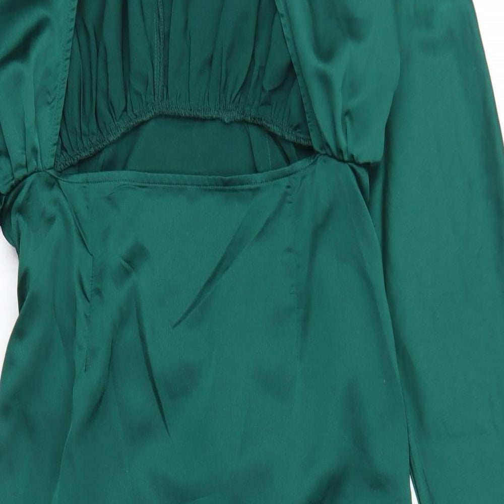 PRETTYLITTLETHING Womens Green  Polyester Wrap Dress  Size 12  Crew Neck Button - Open Back