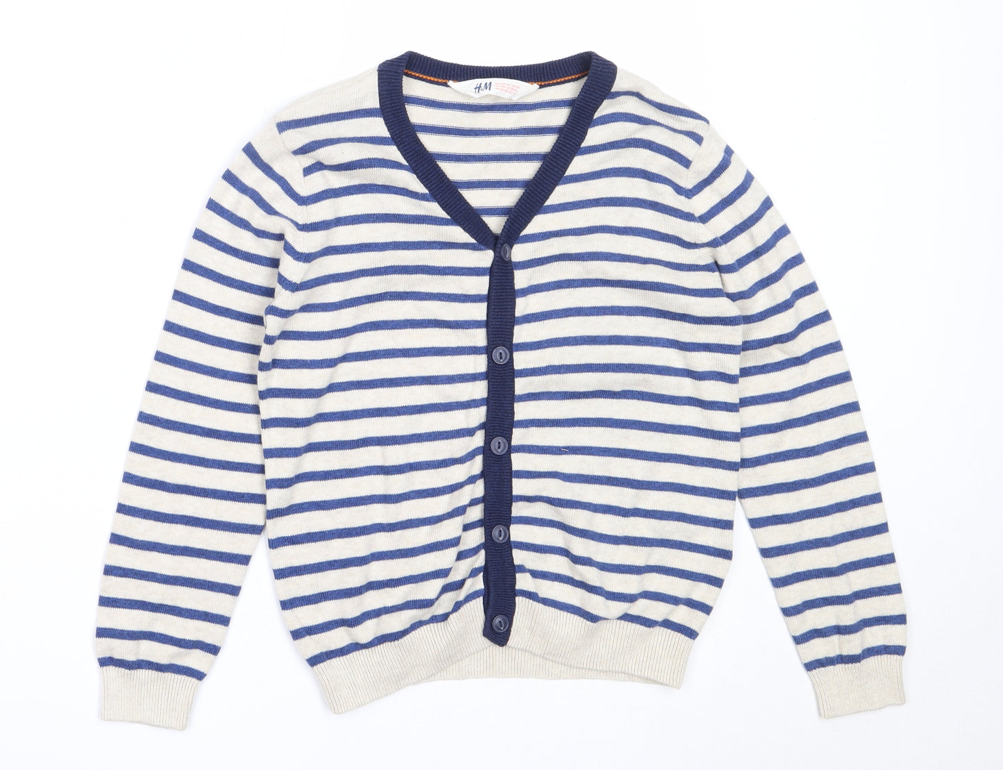 H&M Boys Beige V-Neck Striped Cotton Cardigan Jumper Size 7-8 Years