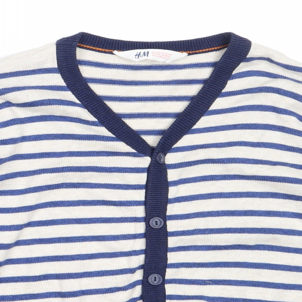 H&M Boys Beige V-Neck Striped Cotton Cardigan Jumper Size 7-8 Years