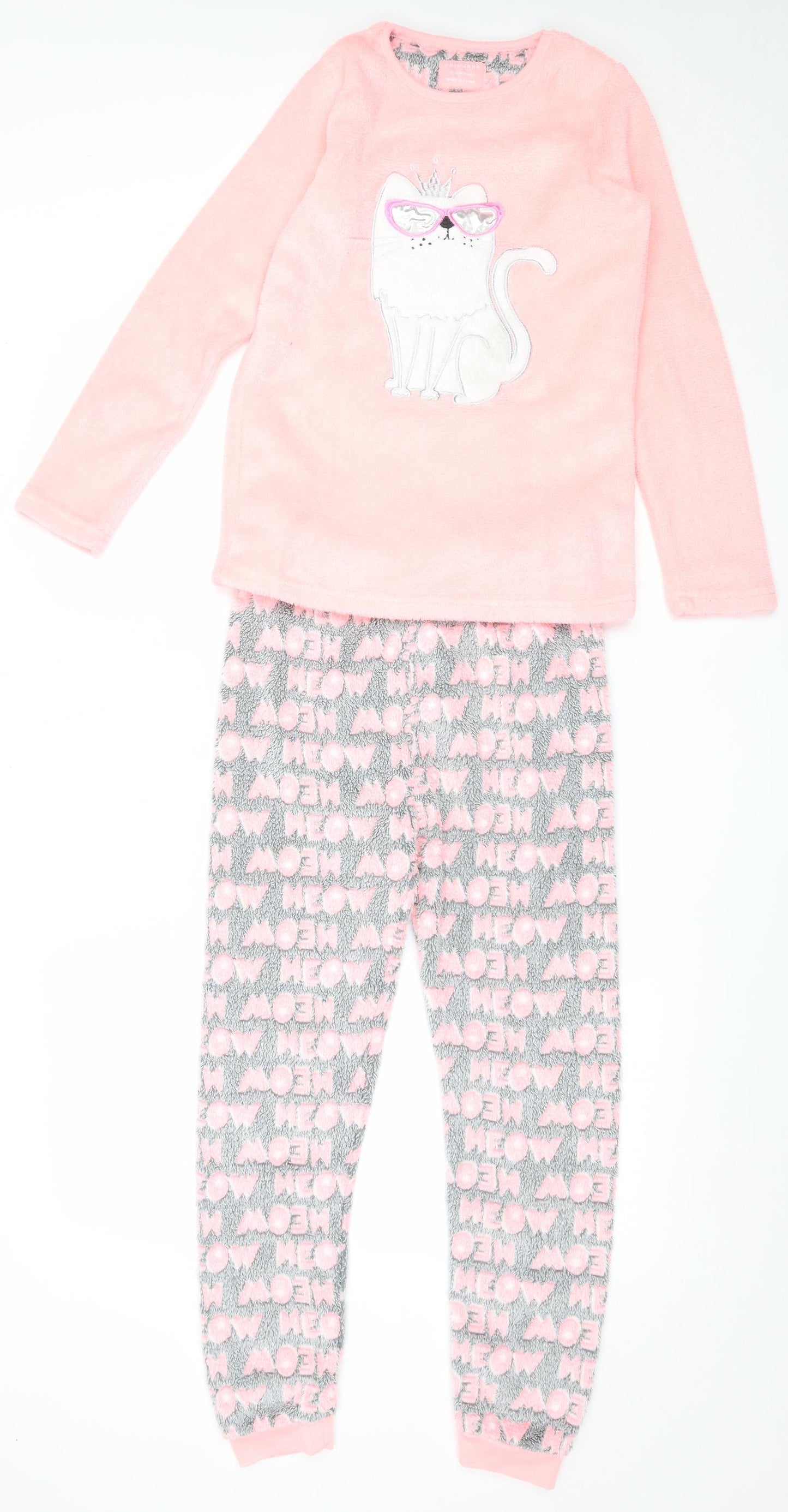 Primark Girls Pink Solid Polyester Top Pyjama Set Size 11-12 Years