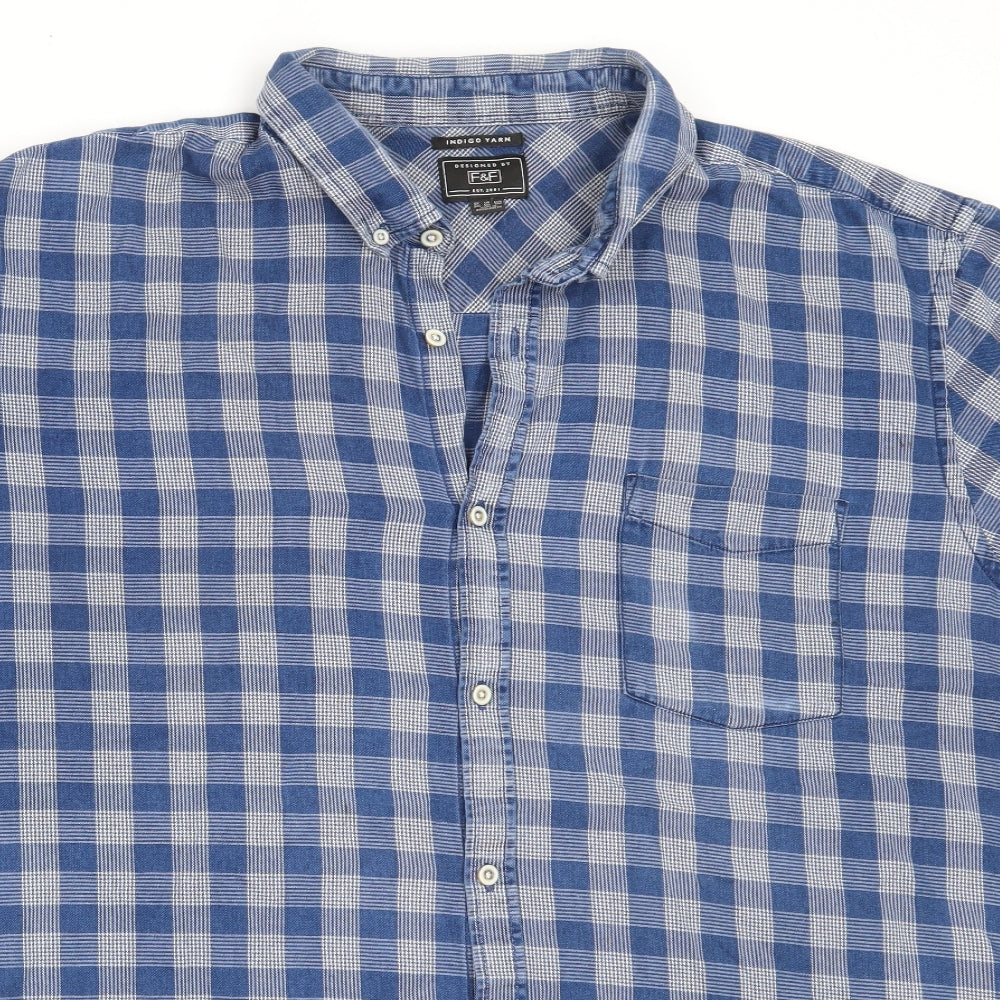 F&F Mens Blue Check Cotton  Button-Up Size 3XL Collared