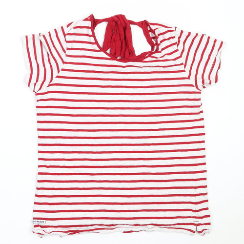 Voile Bleue Womens White Striped Cotton Basic T-Shirt Size L Round Neck