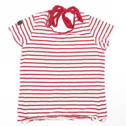 Voile Bleue Womens White Striped Cotton Basic T-Shirt Size L Round Neck