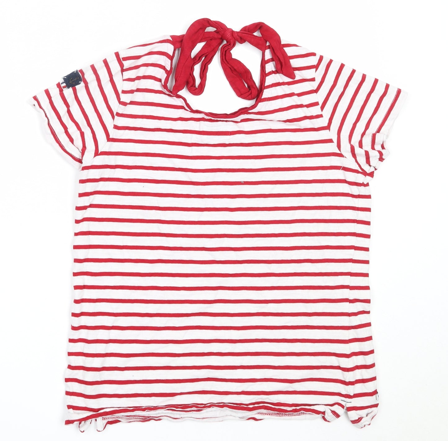 Voile Bleue Womens White Striped Cotton Basic T-Shirt Size L Round Neck