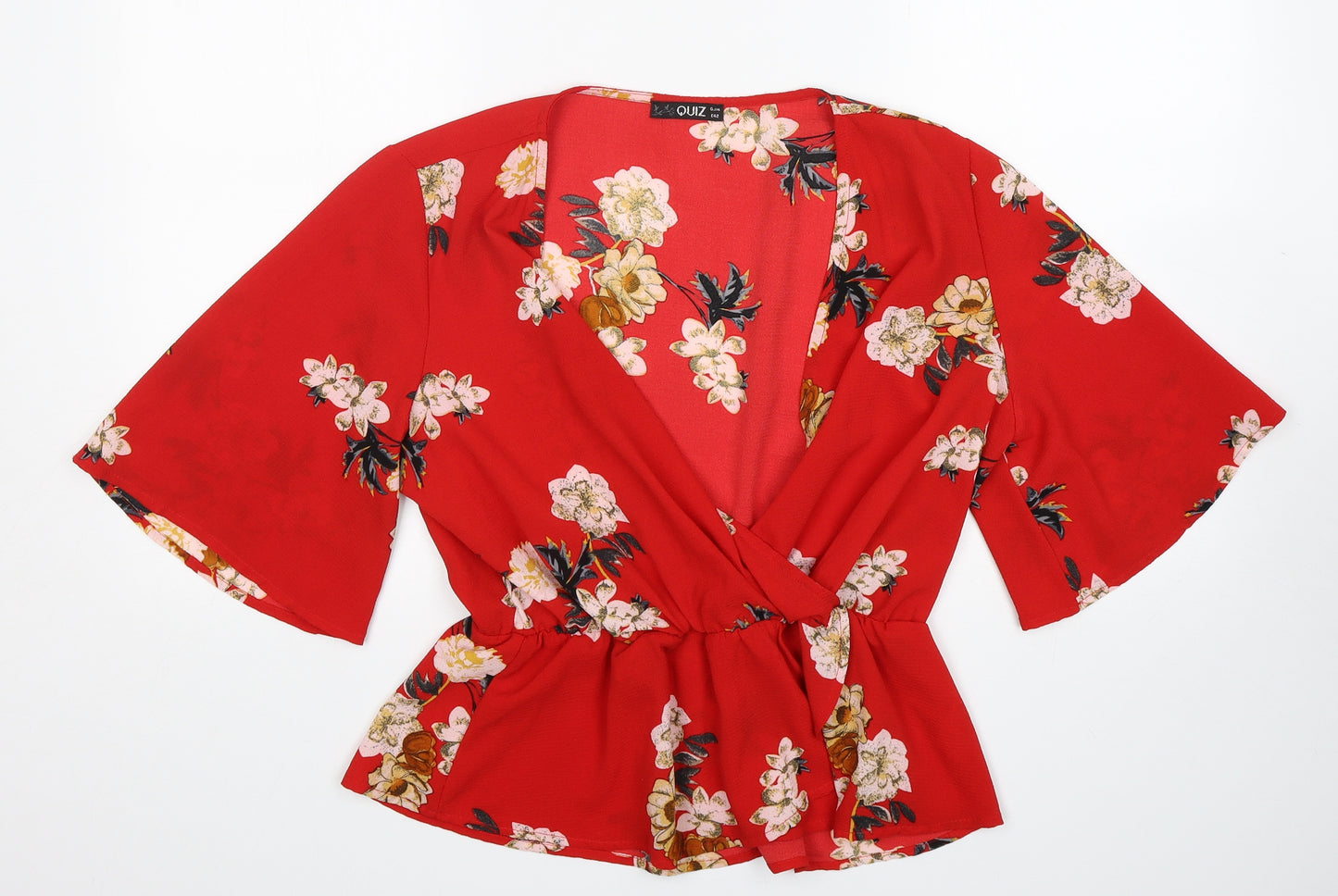 Quiz Womens Red Floral Polyester Kimono Blouse Size 14 V-Neck
